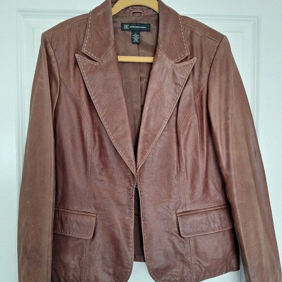 INC International Concepts Brown Leather Cropped Jacket size L - Picture 1 of 8
